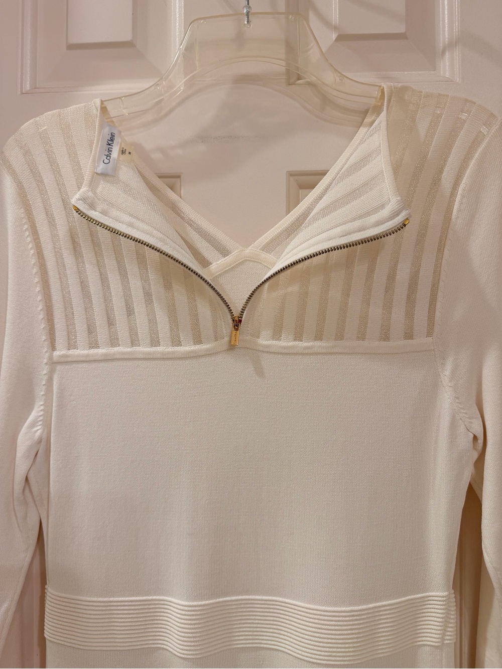 Calvin Klein Ivory Long-Sleeve Knit Fit & Flare Dress with Sheer details, Sz M - Picture 13 of 16